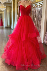 Puffy Red Tulle V Neck Long Semi Formal Prom Dresses, V Neck Red Formal Dresses, Red Evening Dresses